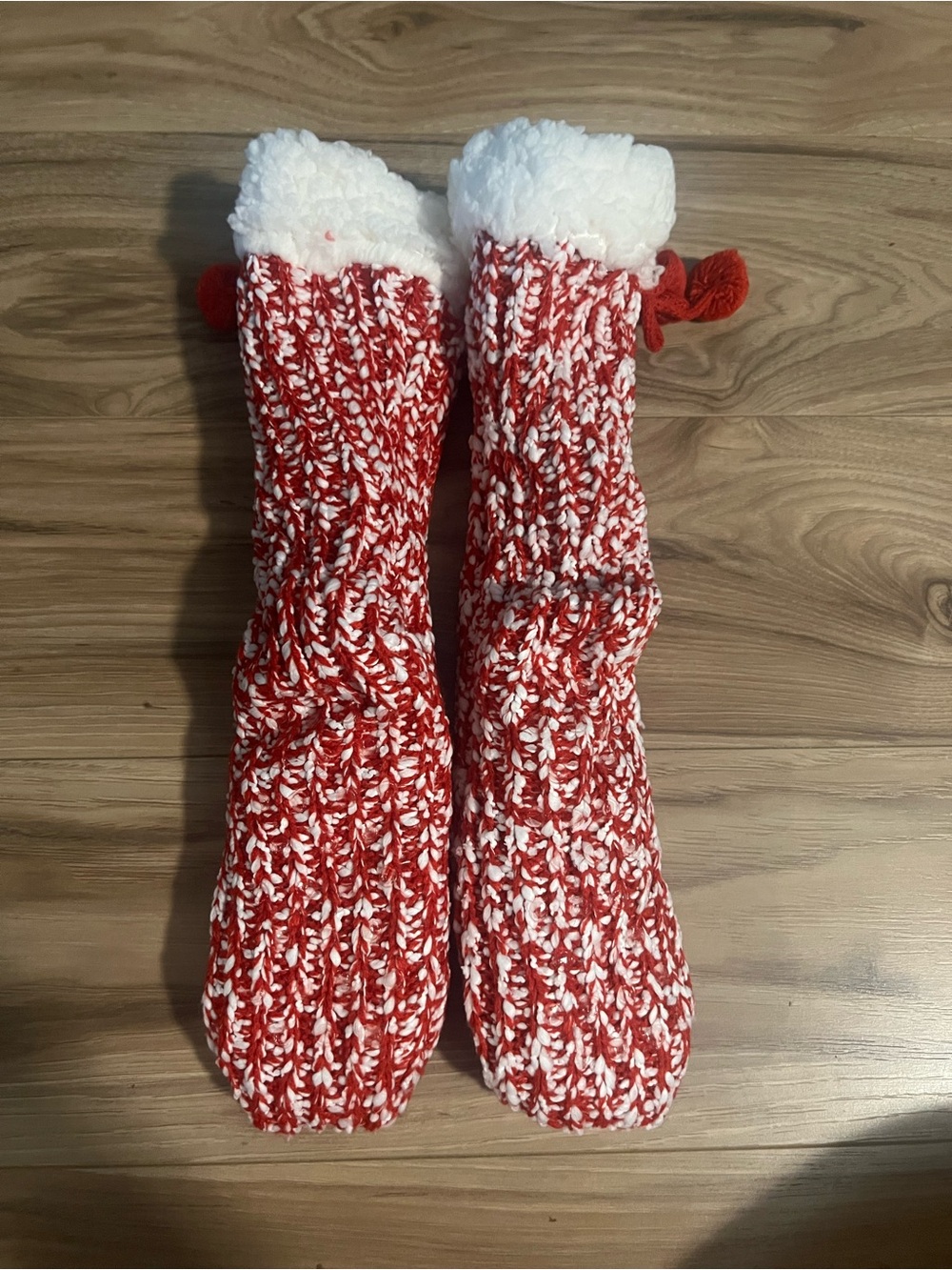Cozy Red & White Knit Slipper Socks with Plush Cuffs